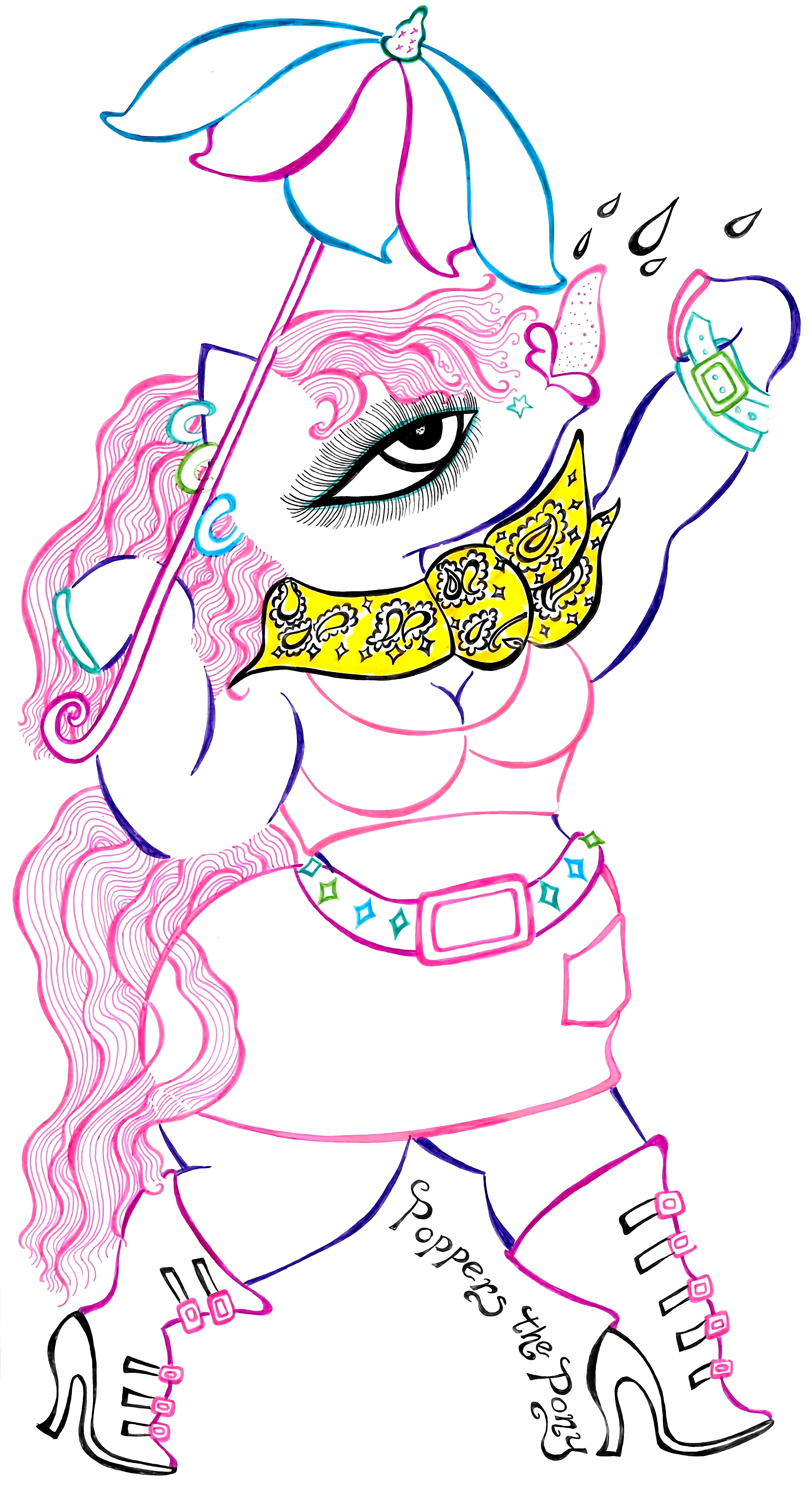 Pink pony with a yellow hanky, high boots, and a parasol