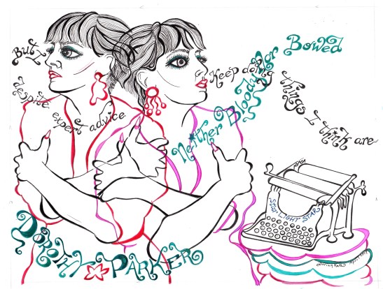 Line drawing of Dorothy Parker in black pink and blue